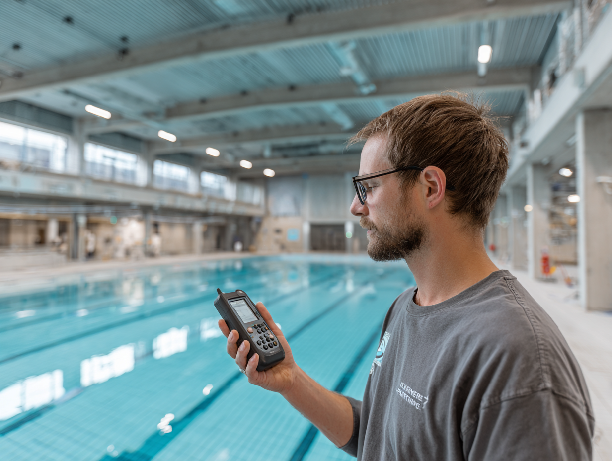 Acoustic engineer holding a measurement device beside an indoor swimming pool